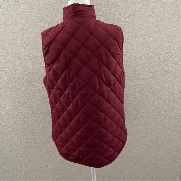 J Crew Ruffle Dark Red Wine Bergundy Quilted Puffer Vest Jacket Medium NEW - Picture 8 of 11